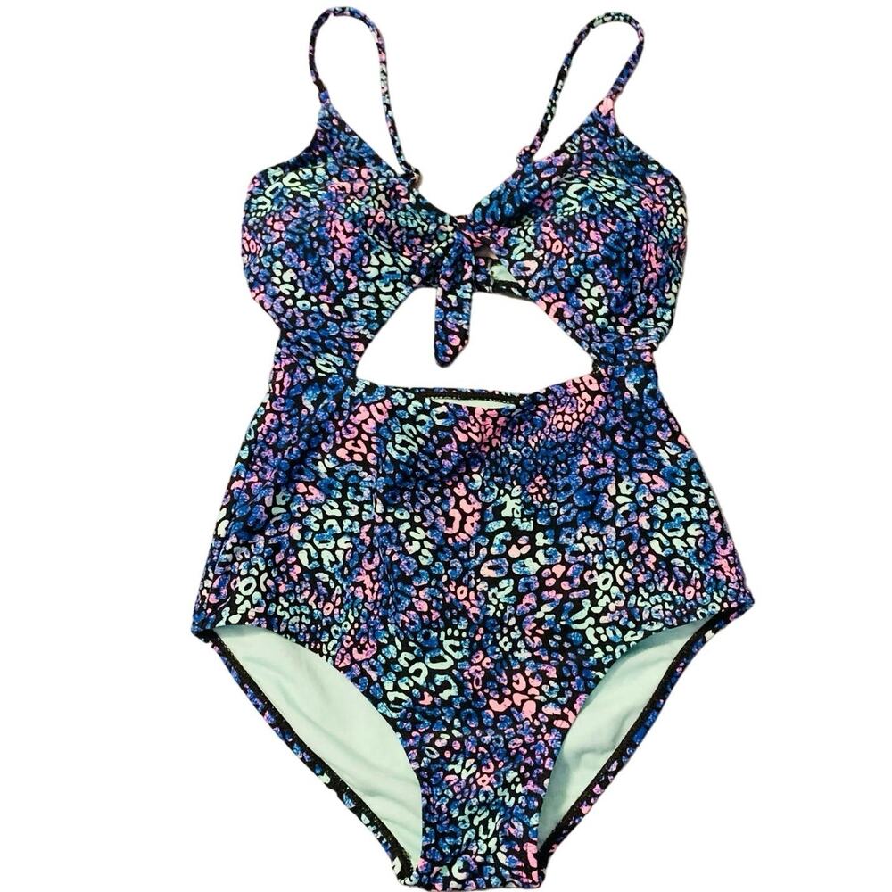 InGear Hollowed Cutout Swimsuit Small Blue Colorful Mid Coverage High Thigh NWT